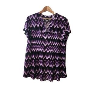 Cocomo Woman Tunic Blouse Size 2X Black Purple Short Sleeve Stretch Poly Blend